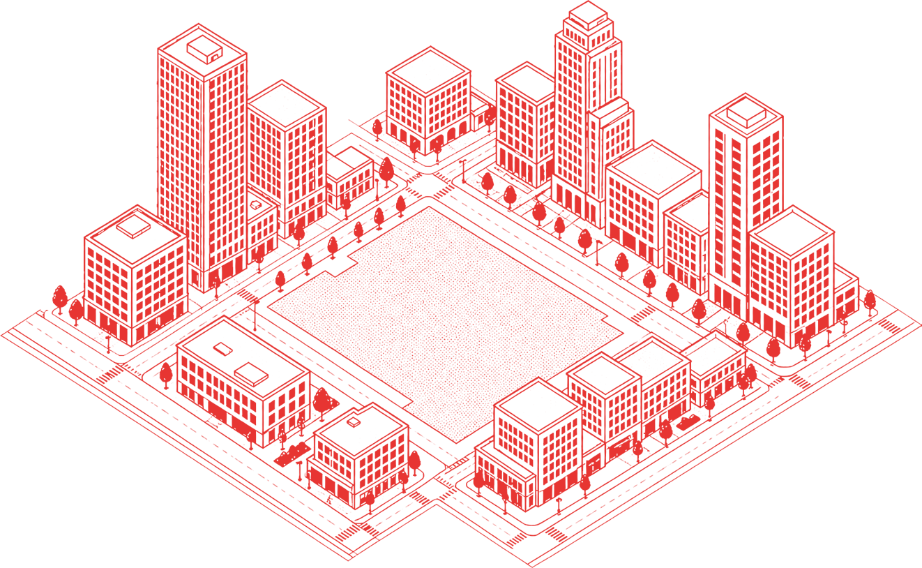 Isometric city block with an empty lot
