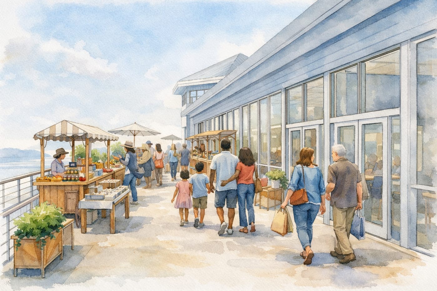 Watercolor rendering of the marketplace promenade: vendor stalls along the waterfront railing and families walking past the glazed facade.